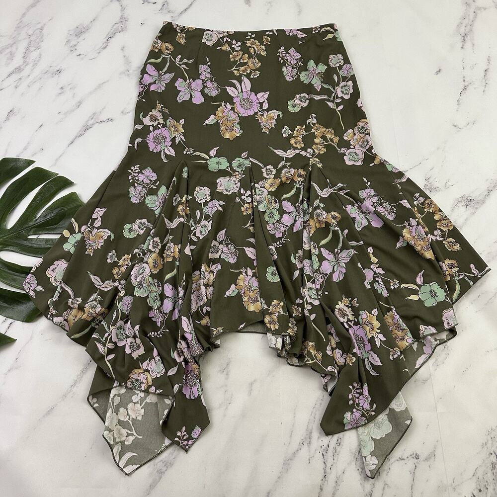 Randolph Duke Womens Vintage Y2k Midi Skirt Size M Gray Purple Floral Draped